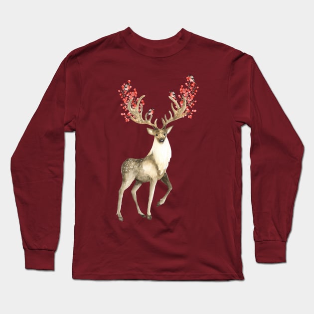 Deer and bullfinches Long Sleeve T-Shirt by JuliaBadeeva